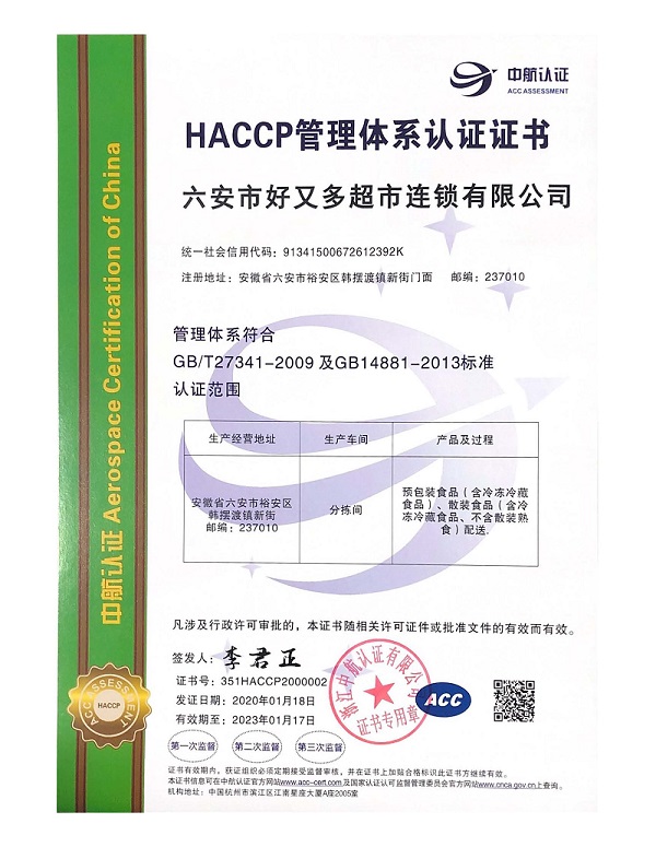 HACCP证书样本